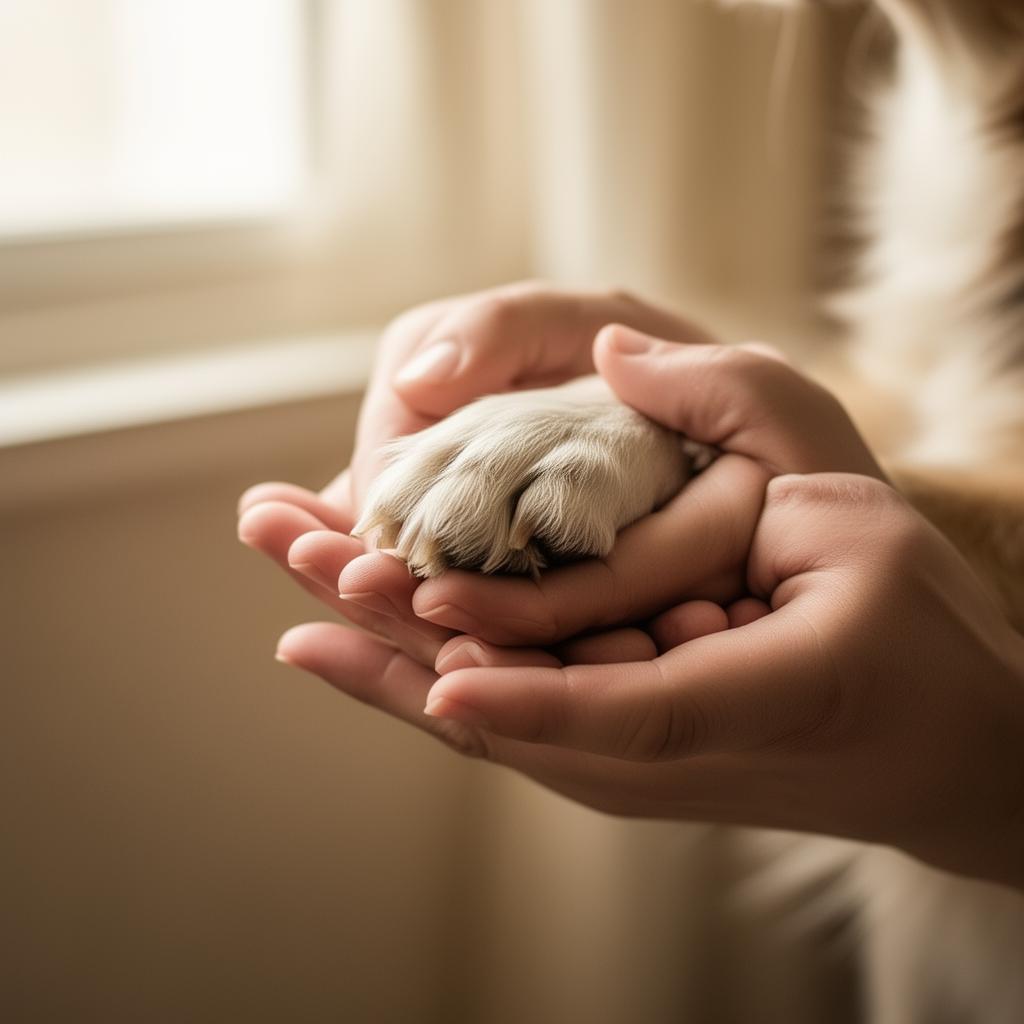 Mãos humanas acolhendo carinhosamente a patinha de um pet